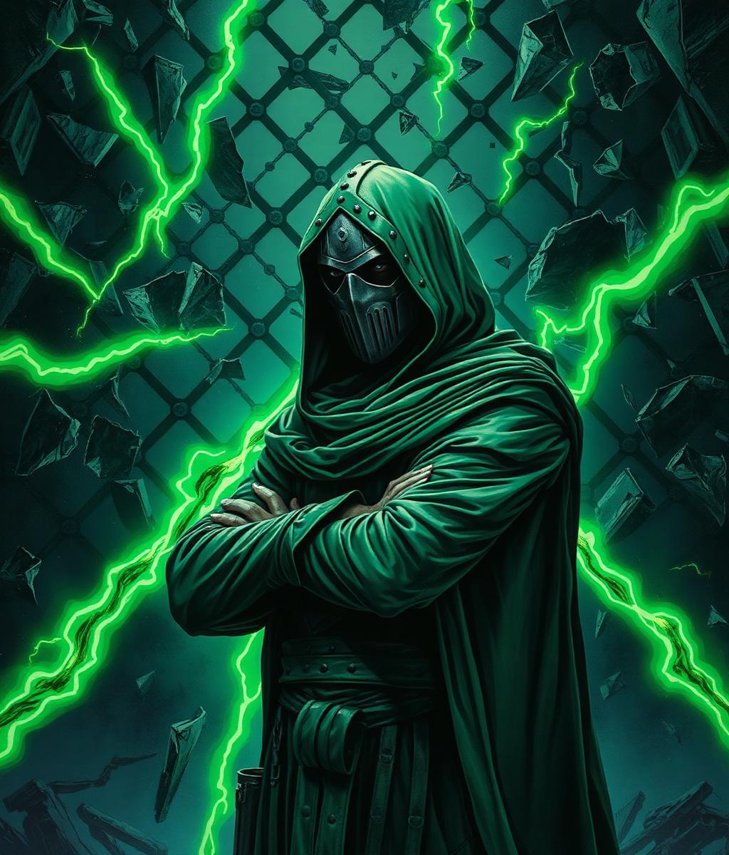Masked cloaked tyrant before a collapsing multiverse, mascot of the $DOOM coin